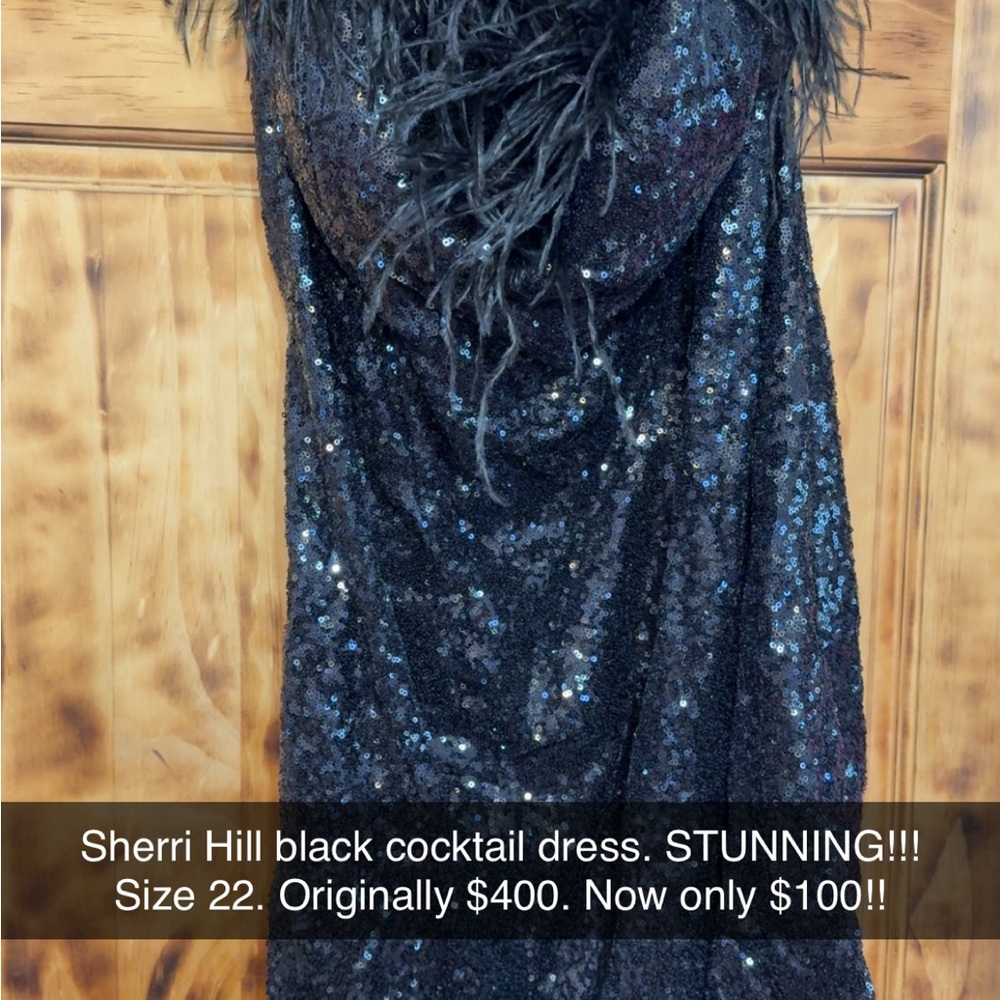 Sherri Hill Black Sequin Dress with Feather Accents